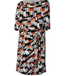 Kiara faux wrap‎ dress geometric print size M orange black white